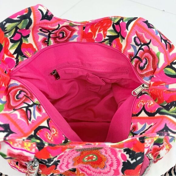 Rip Curl Vibrant Pink Red Embroidered Floral Soft Cotton Canvas Boho Tote Bag - Picture 14 of 16